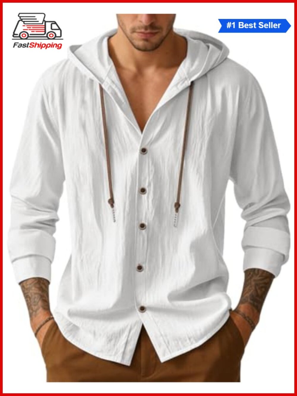✨ QOSOQ Mens Cotton Linen Button Down Hoodie Long Sleeve Casual Beach Top